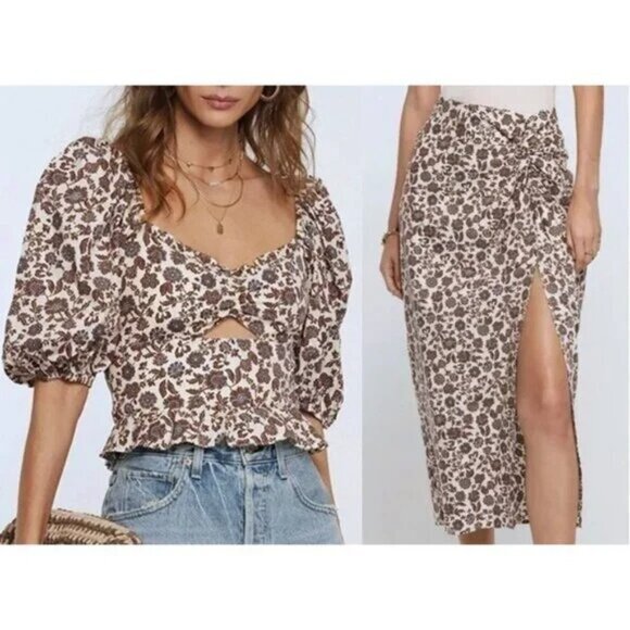New Heartloom Floral Set Top + Skirt Ecru Brown XS - Picture 1 of 9